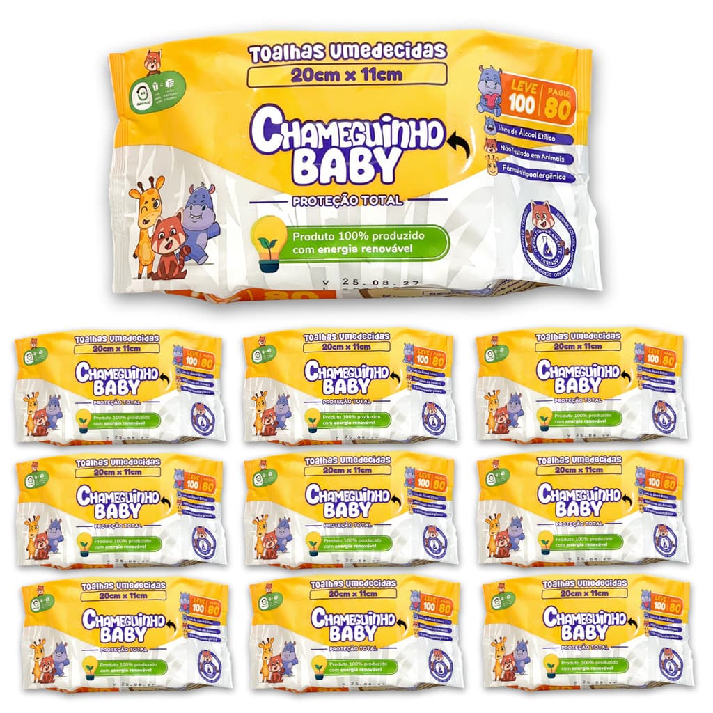 KIT 10 PACOTES CHAMEGUINHO BABY TOALHAS UMEDECIDAS LENÇO 100 FOLHAS CADA