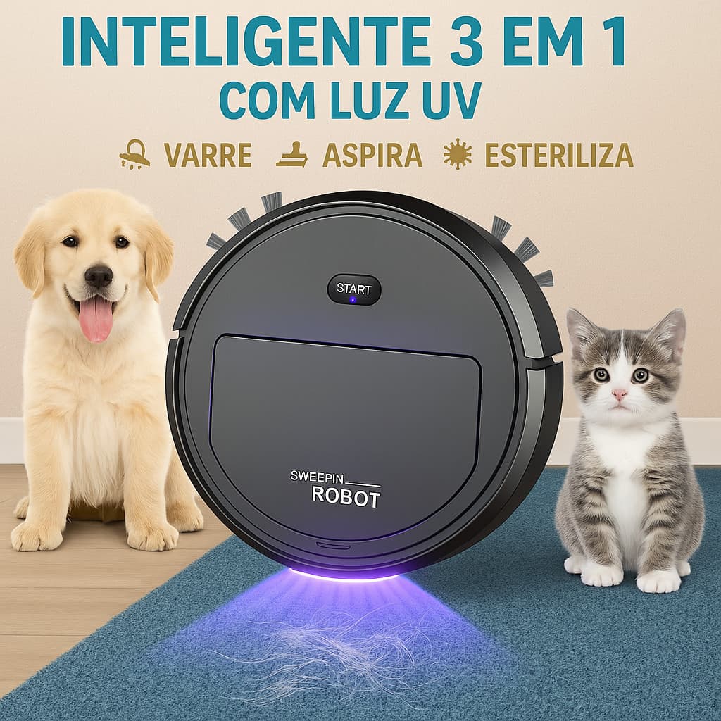 Robô Aspirador Inteligente 3 em 1 p/ Casa com Pets 🐶🐱 – Varre, Aspira e Esteriliza com Luz UV ✨
