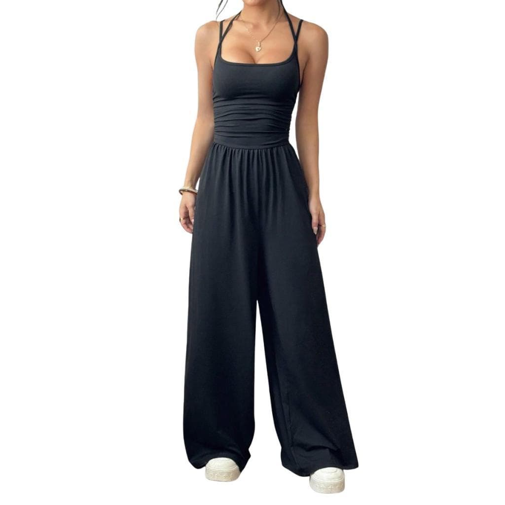 Macacão Casual Feminino Alça Dupla Modelagem Pantalona Soltinho Perna Longa Elegante