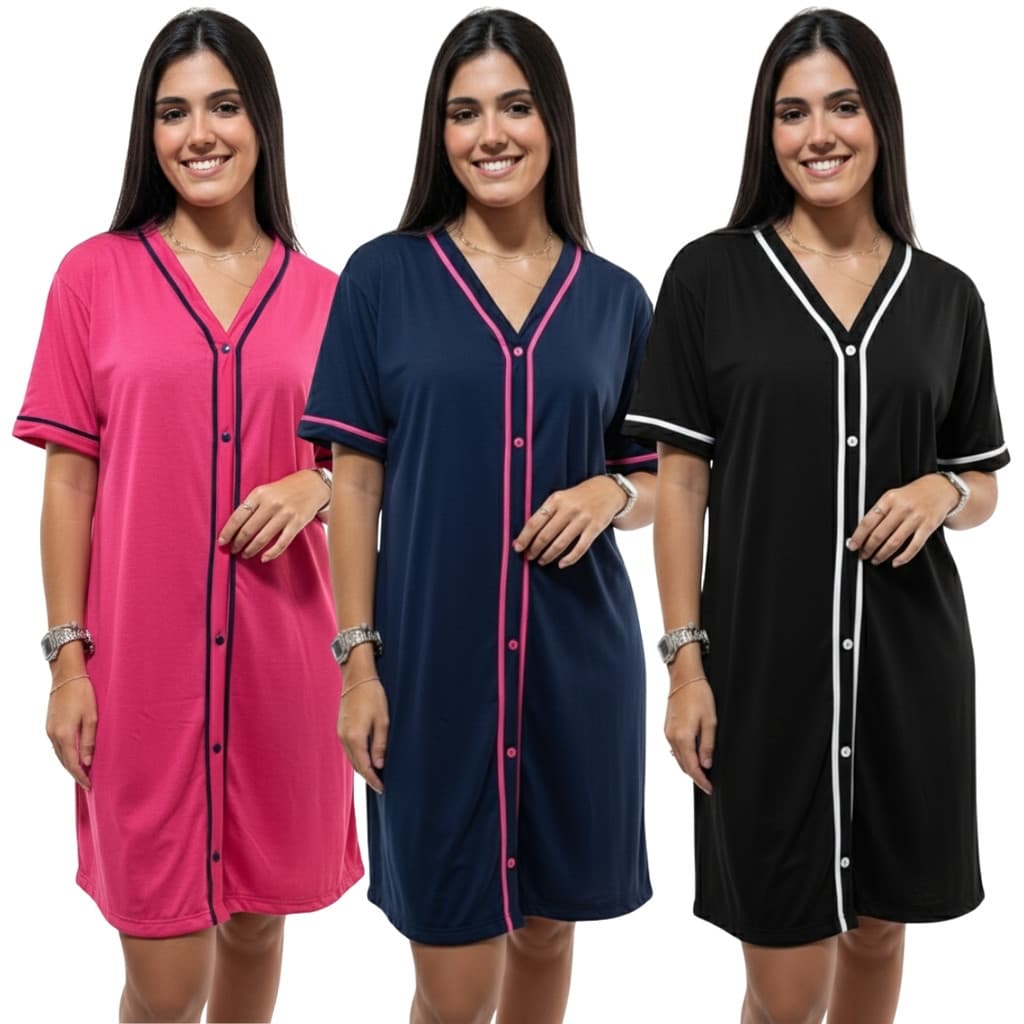 Camisola Feminina Estilo Americano com Botões Noite Confortável