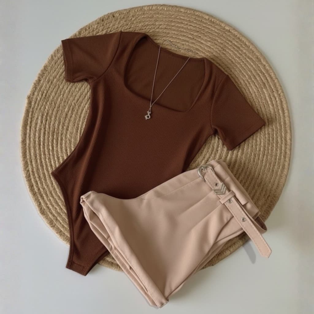 Kit Conjunto 1 Body Gola QUADRADA Neutras  + Short Neutro em Alfaiataria com cinto Moda Blogueira Tendencia 2026