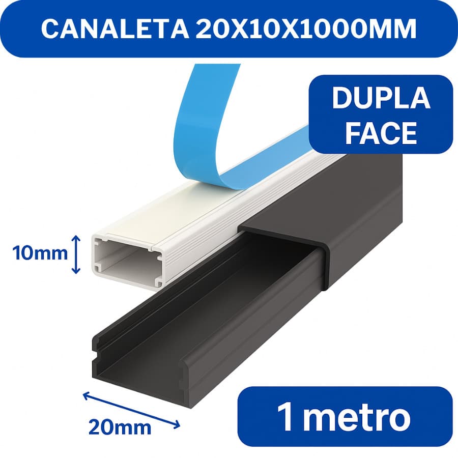 Kit de 3 a 10 Metros Canaleta 20x10mm com Adesivo Dupla Face para Organização De Fios e Cabos