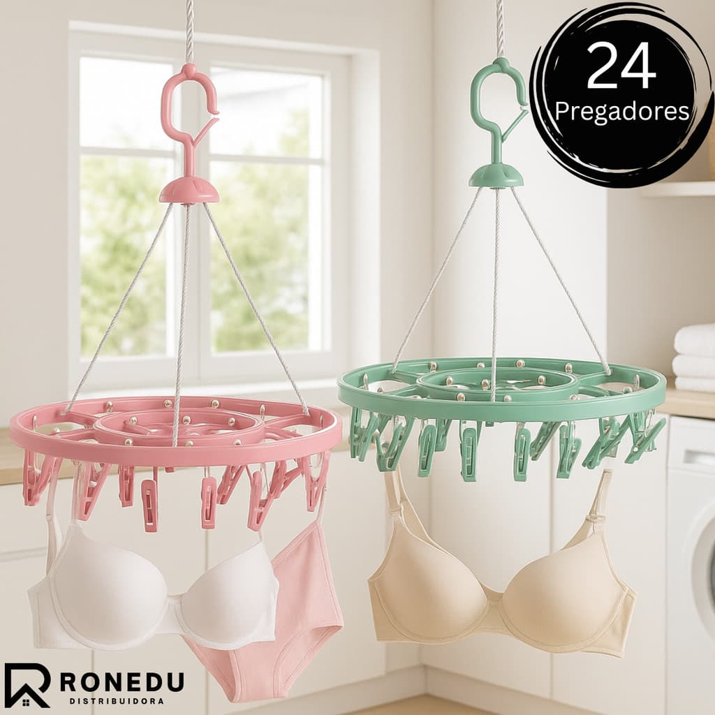 Kit 1,2,3 Varal de Roupas Intimas 24 Pregadores - Pratico Resistente Dobravel Verde e Rosa