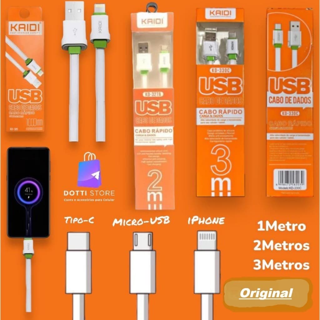 Cabo 1, 2 e 3 Metros Kaidi turbo rápido iPhone / Micro-USB e Tipo-C