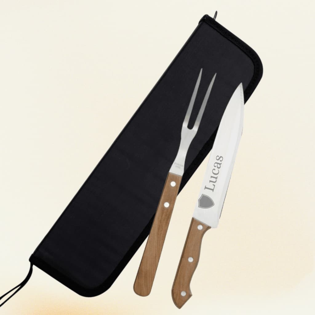Kit Churrasco 2 pçs Faca Personalizado Garfo C/ Estojo Presente