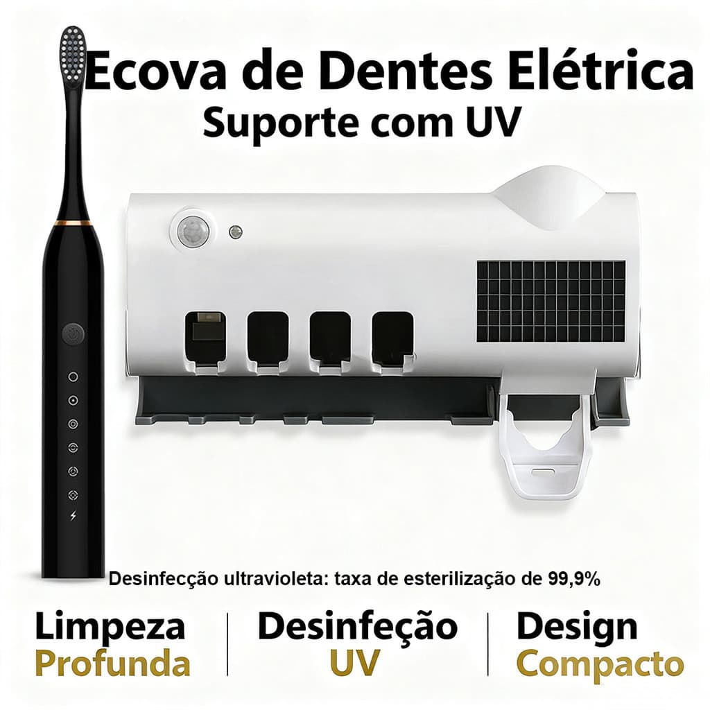 Porta Escova de Dentes com Esterilizador UV e Dispenser Automático | Suporte Recarregável e Solar para Banheiro