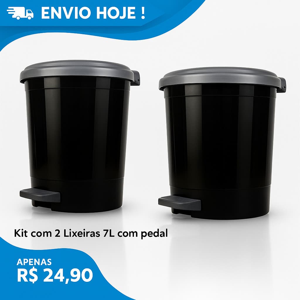 Kit 2 Lixeiras 7L Pedal Plástico Resistente para Cozinha, Banheiro e Lavanderia | Cor Preta