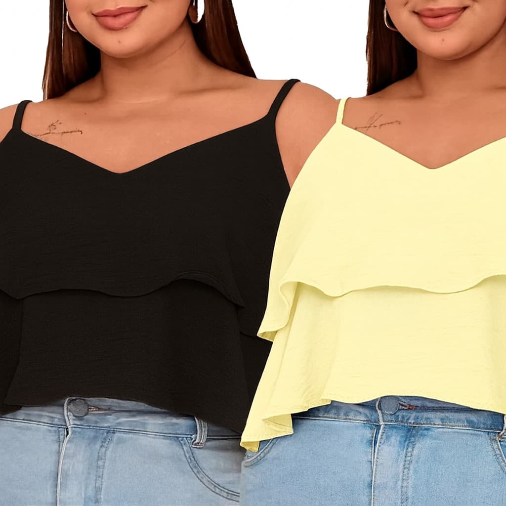 Kit 2 Blusa Regata Alcinha 2 Babados Plus Size Moda Verão