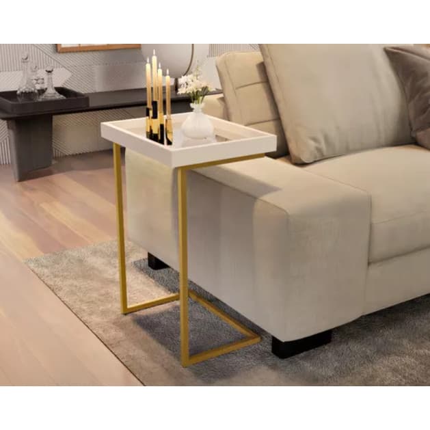 Mesa de Apoio Lateral Luxo de Sofá com Espelho 4774 Perola Off White