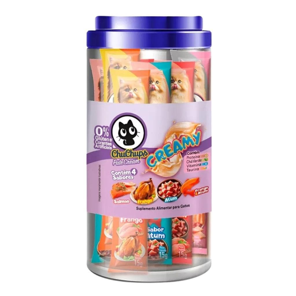 Petisco Para Gatos ChuChups Cream Pote Sortido com 24 Tubos