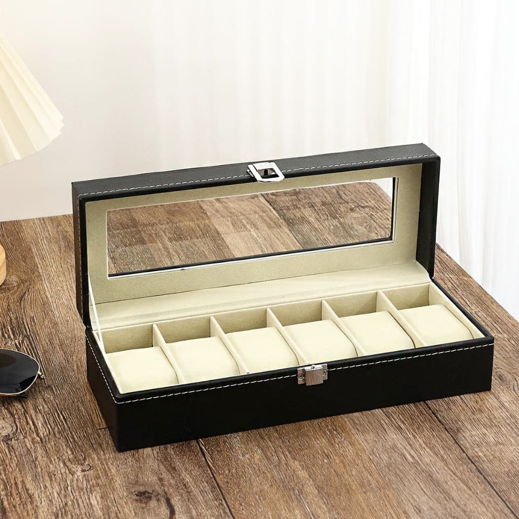 Porta Relógio 6 Divisórias Estojo Organizador Aveludado Luxo Maleta Caixa