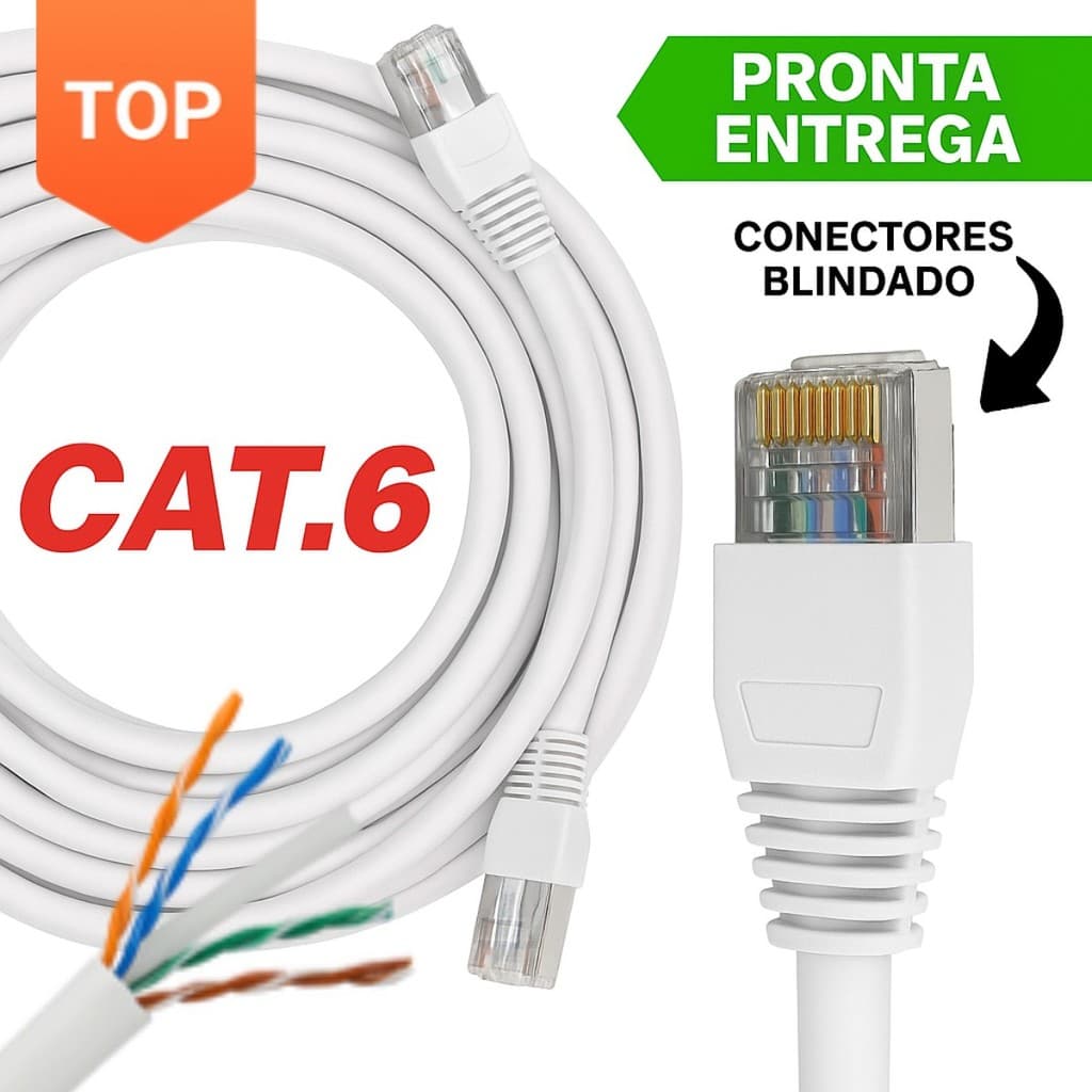 Cabo de Rede Cat6 BRANCO C/ CONECTOR BLINDADO 1GIGA para Internet - 5M A 30M (Interno/Externo)