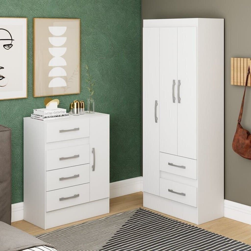 Quarto Completo com Guarda-roupa 3 Portas e 2 Gavetas e Cômoda 4 Gavetas 1 Porta