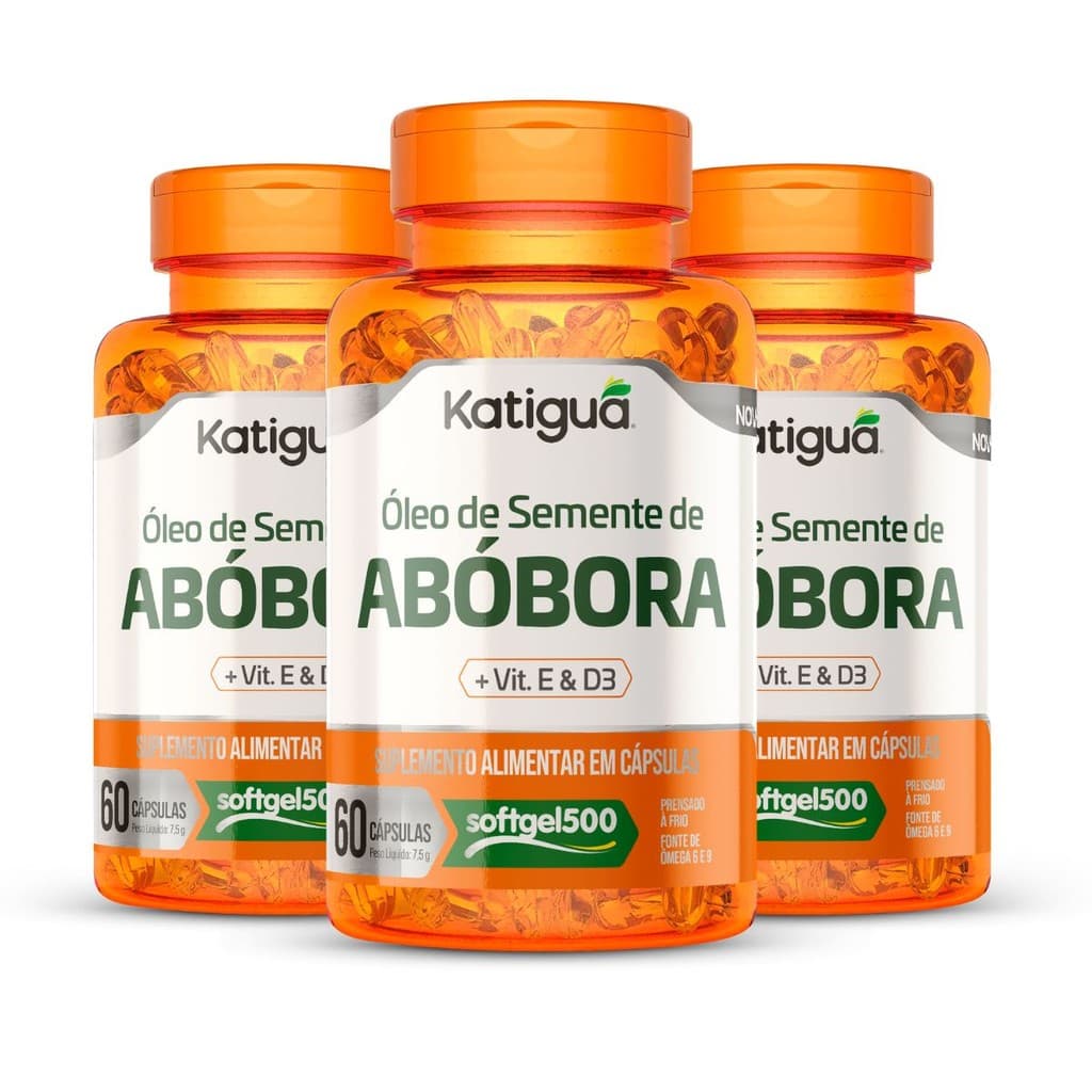 Kit 1, 2, ou 3 Potes Óleo de Semente de Abóbora Vitamina D3 e E 866mg 60Cápsulas