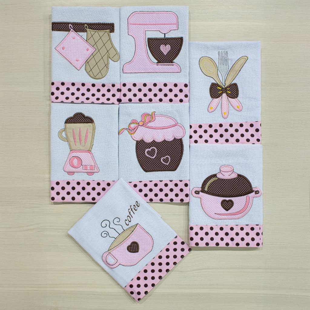 Kit 7 Panos De Prato Bordado Com Barrado 100% Algodão Decorativo Alta Absorção Luxo Não Solta Fiapo