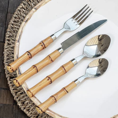 Faqueiro De Aço Inox Cabo De Bambu 24 Peças Talheres