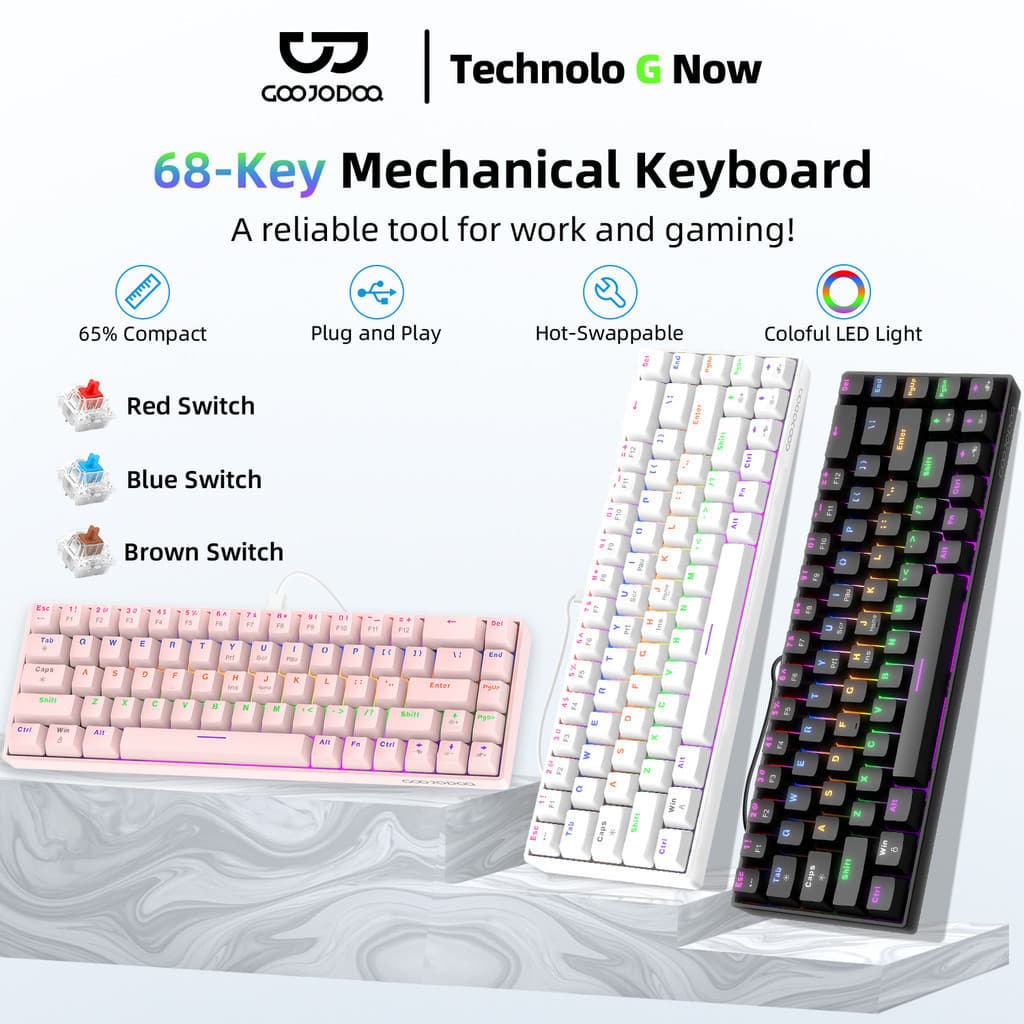 Teclado mecânico com fio GOOJODOQ de 68 teclas, 3 tipos de interruptores mecânicos disponíveis, 17 modos de iluminação