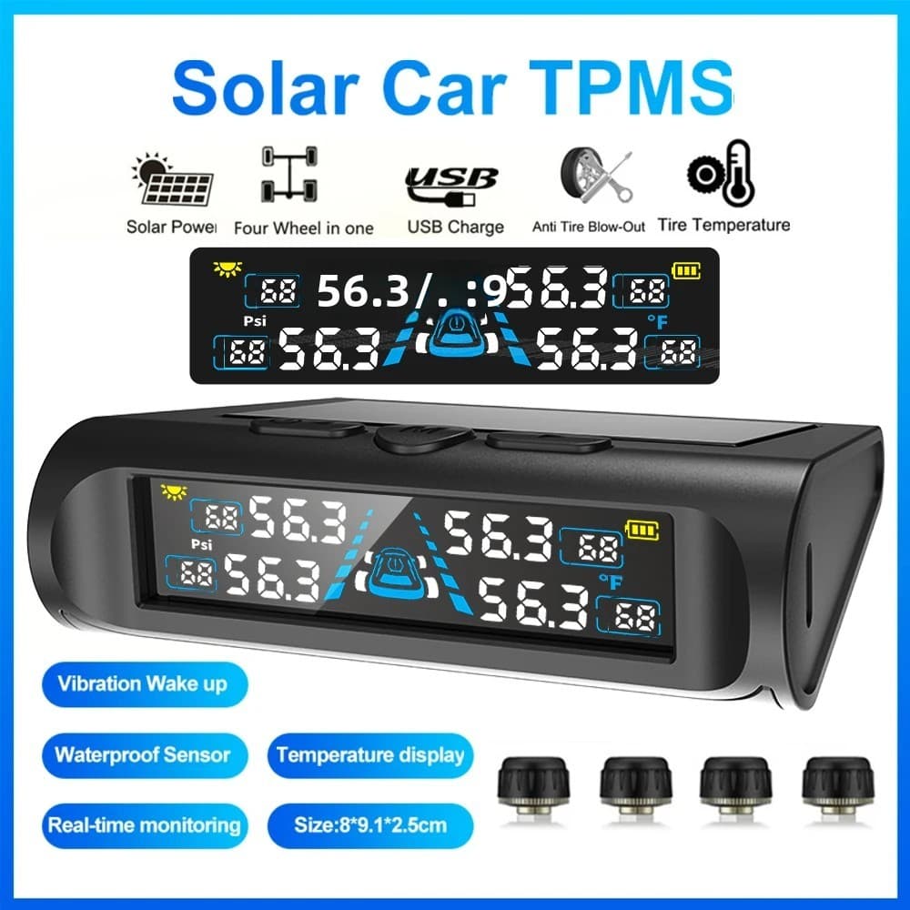 Monitor De Temperatura TPMS USB/Solar Com 4 Sensores Externos Display LCD Digital 0-6.8Bar T21 Medidor De Pressão Dos Pn