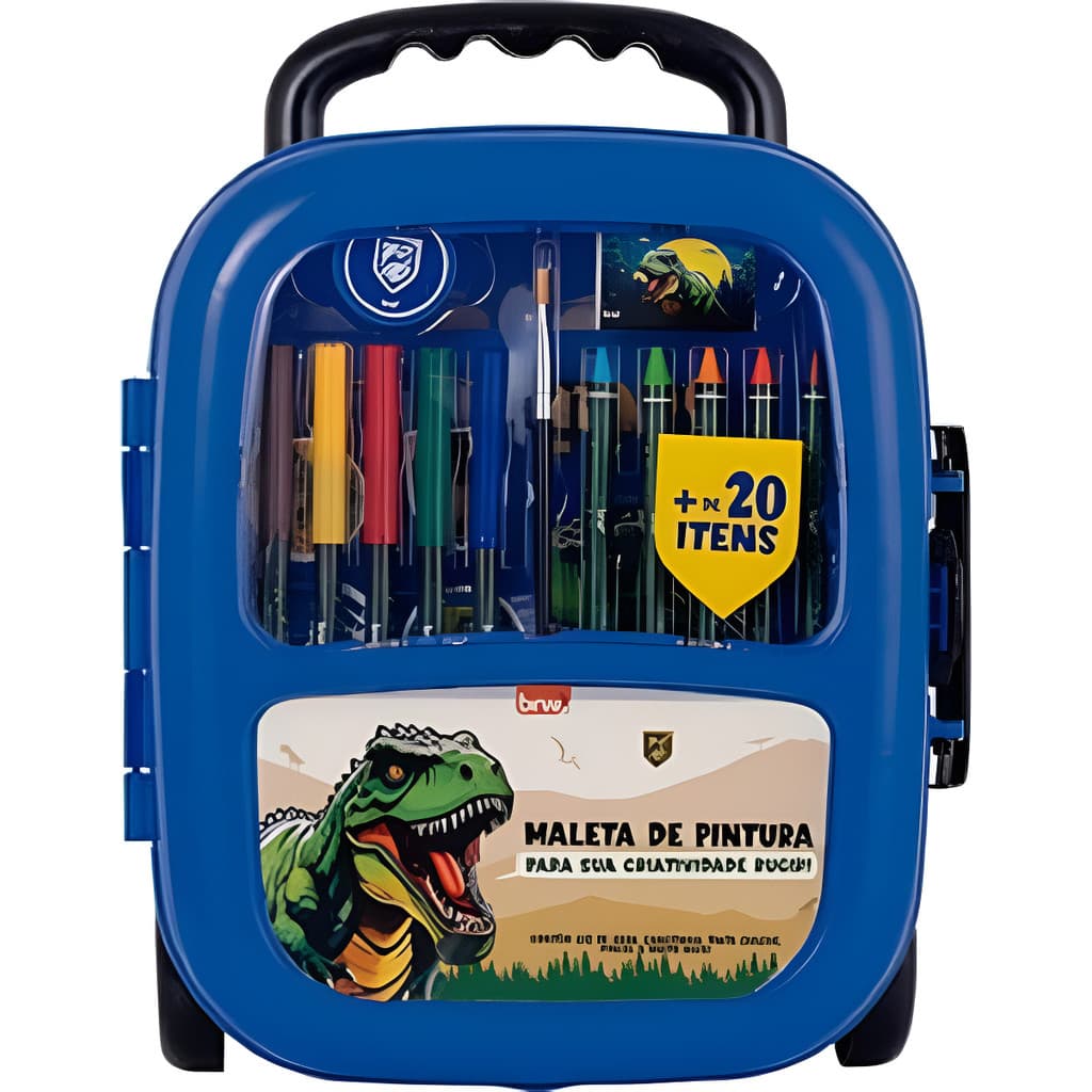 Carrinho Maleta Pintura Dinossauro Canetinha Giz Lápis 21pç