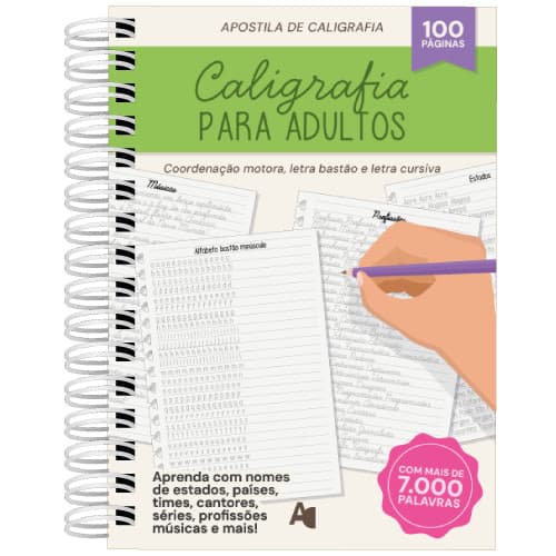 Apostila de Caligrafia para Adultos Letra Bastão e Cursiva 100 páginas 90g/m² Tamanho A5
