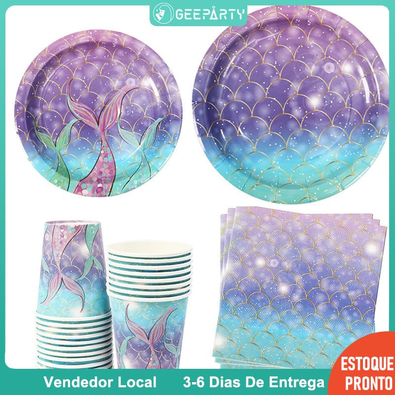 GeeParty Conjunto De Talheres Com Cauda De Sereia Roxa , Prato , Copo , Saco De Doces Para Festa De Aniversário , Suprim