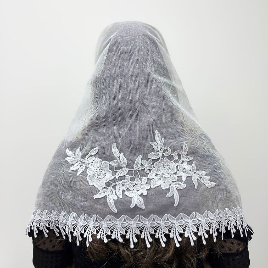 Véu Ccb Congregação Cristã Aplique Floral Com Pedras Strass Renda Guipir Adulto (Pietra)