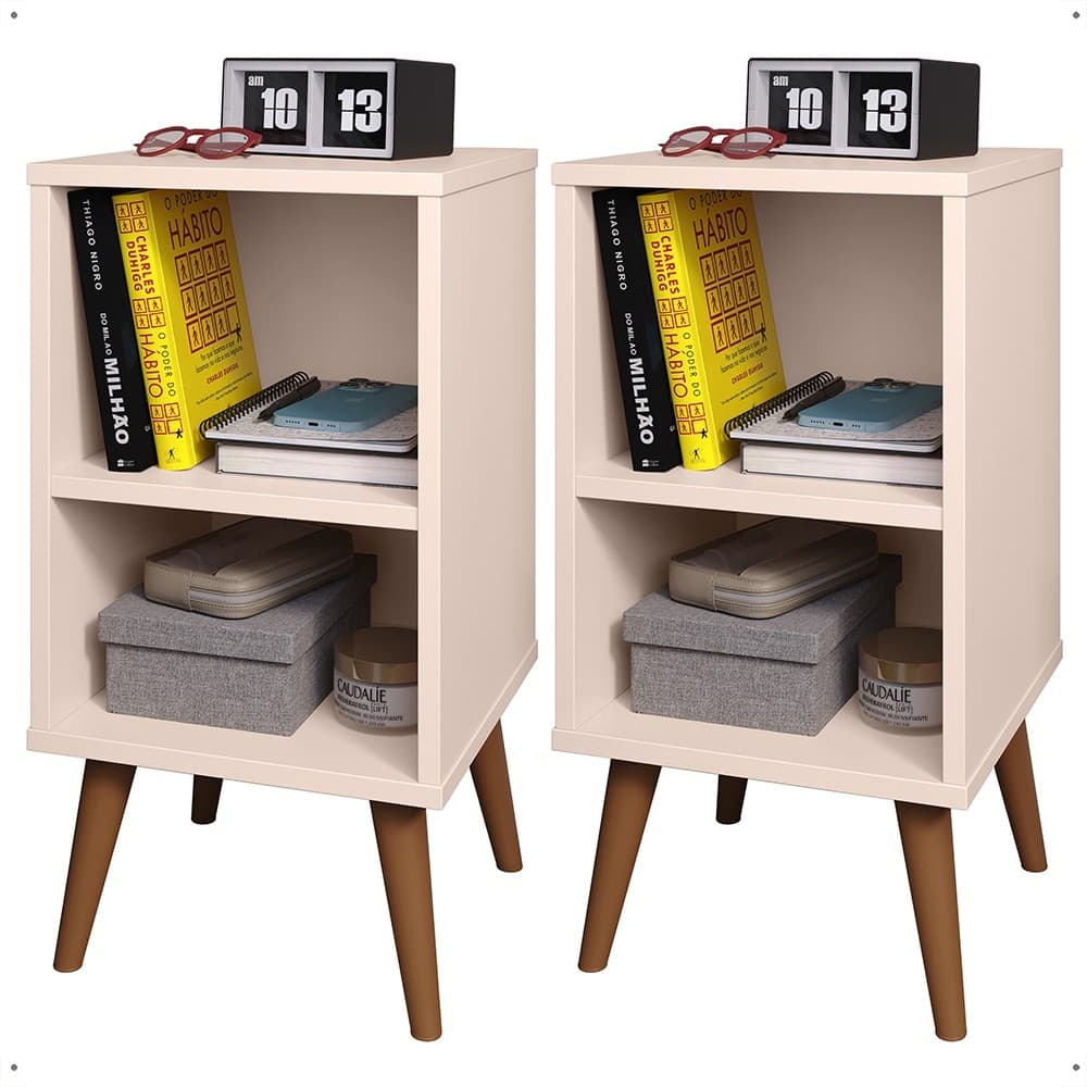 Kit 2 Mesa De Cabeceira Charme Retro Criado Com Prateleira Nicho Pés PVC
