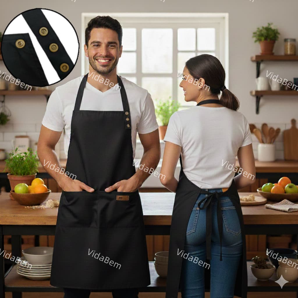 Avental Impermeável de Cozinha Barbeiro Chef Garçom Unissex Preto com Bolso e Alças Reguláveis