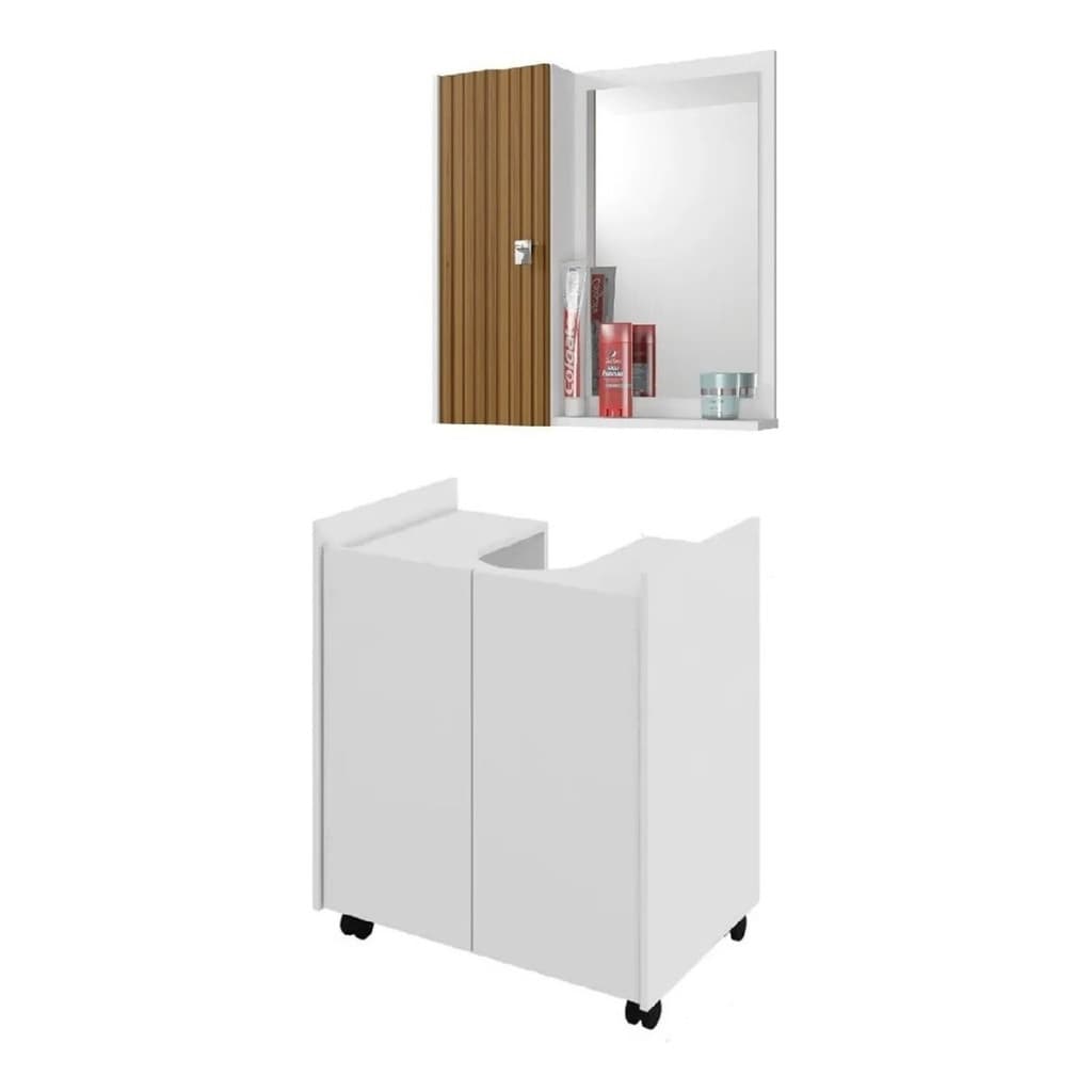 Gabiente Pia De Coluna 2 Porta E Espelho  Branco Ripado Saldão