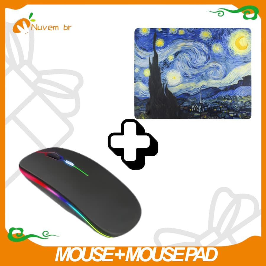 KIT Mouse sem fio + Mouse Pad Pequeno / Medio / Grande, Mouse Sem Fio Bluetooth Usb Receptor - Nuvem Br