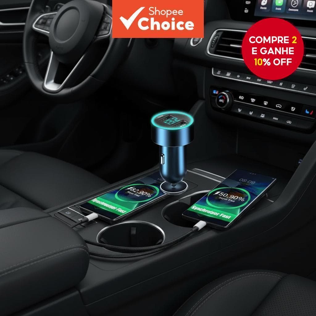  Carregador de carro 240W com 2 portas USB para iPhone Samsung Huawei Xiaomi, carregamento rápido com display digital.