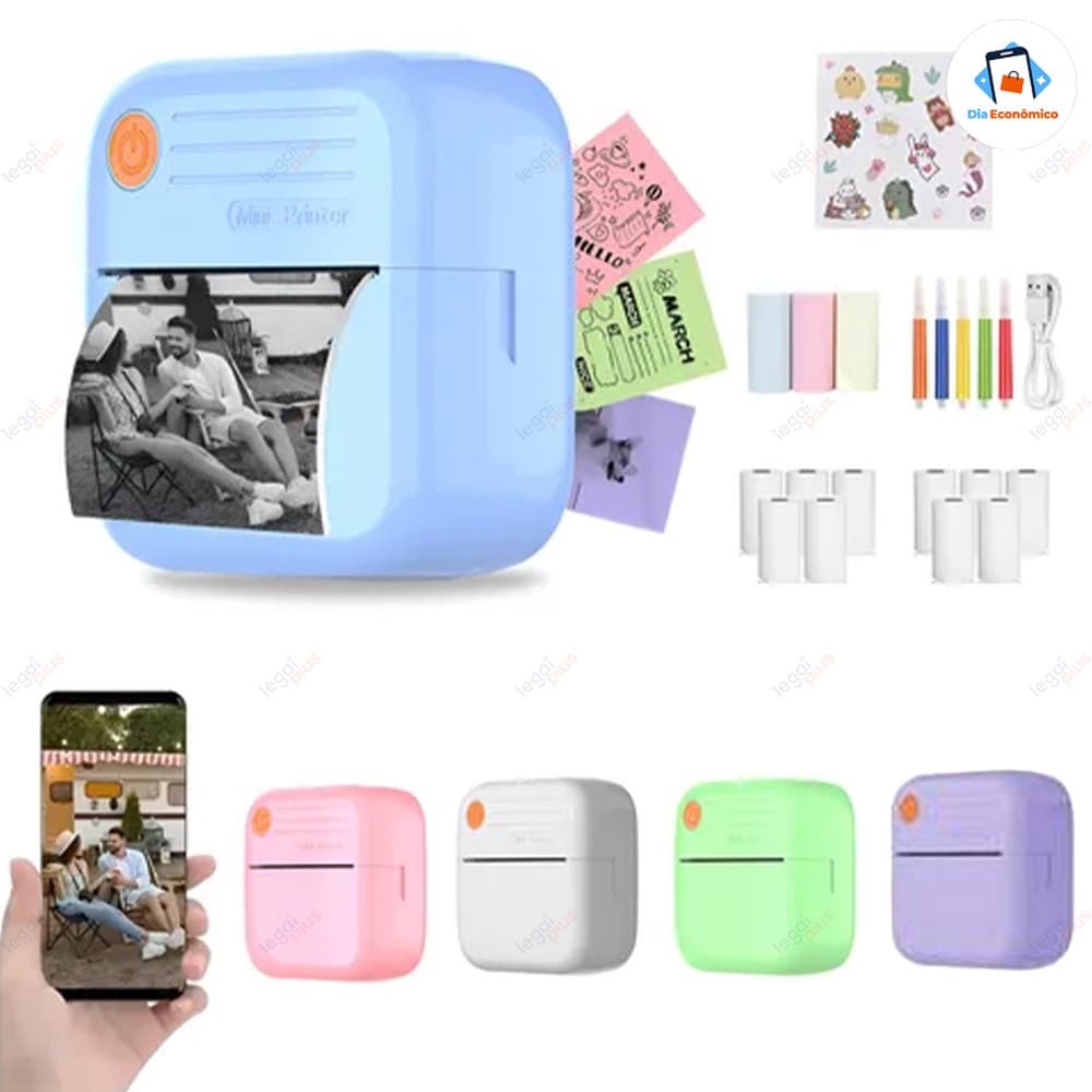 Nova mini impressora: modelo portátil e sem fio, compatível com sistemas Android e iOS, impressão em papel térmico.