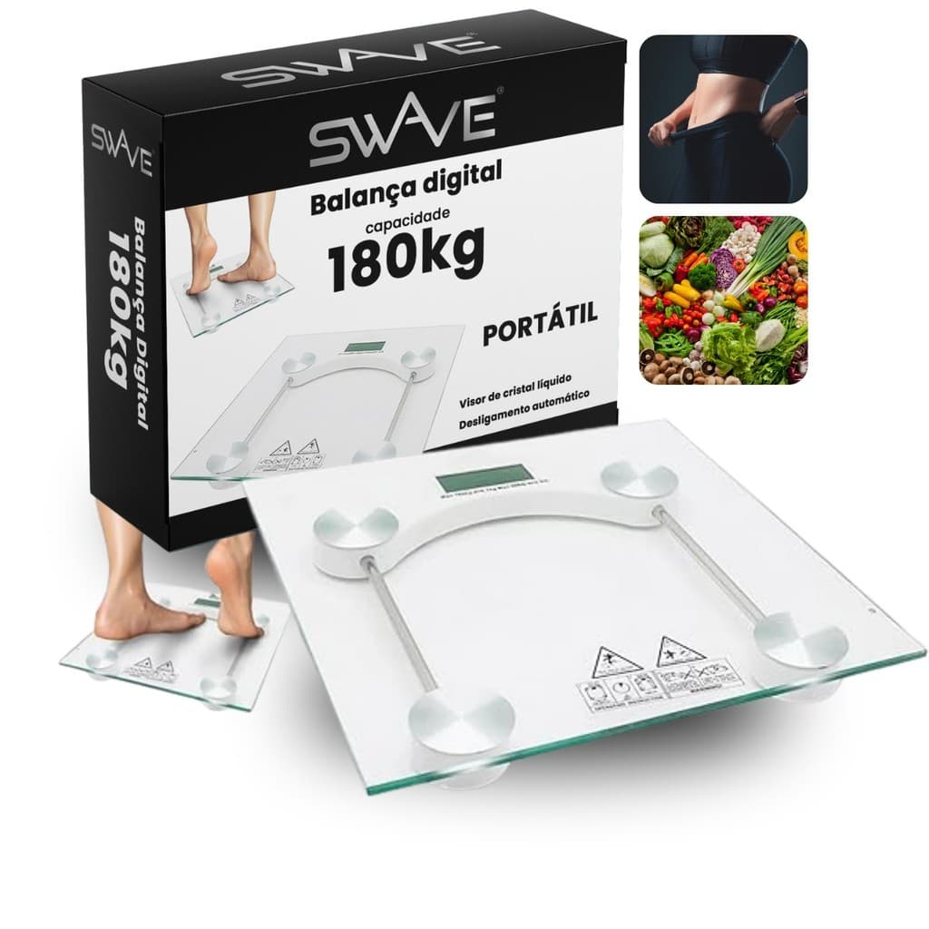 Balança Corporal Transparente Quadrada Digital Até 180kg Com Vidro Temperado Premium Swave
