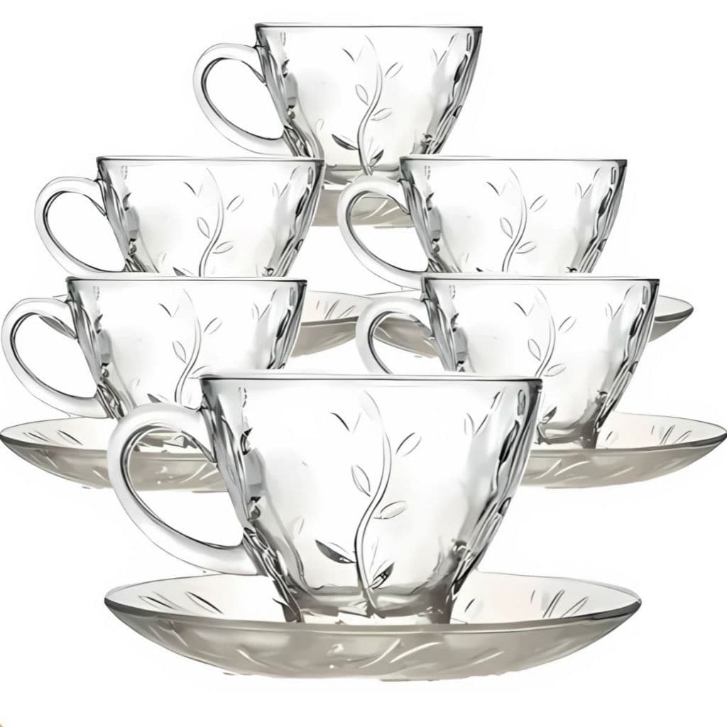 Jogo De Xícaras E Pires Em Vidro 6 Xícaras e 6 Pires Para Chá Café 220ml