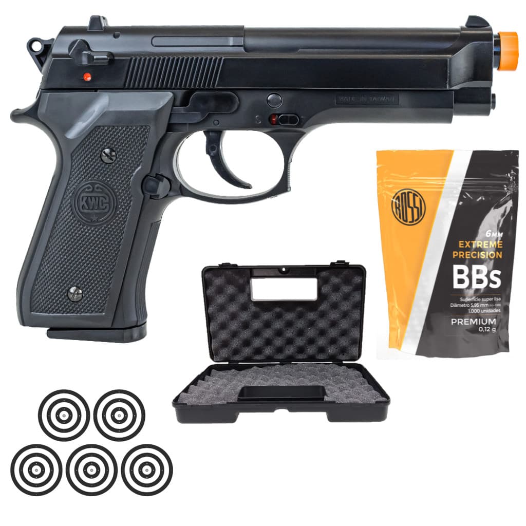 Pistola de Airsoft Beretta M92 KWC Spring 6mm Rossi + Escolha seu Kit