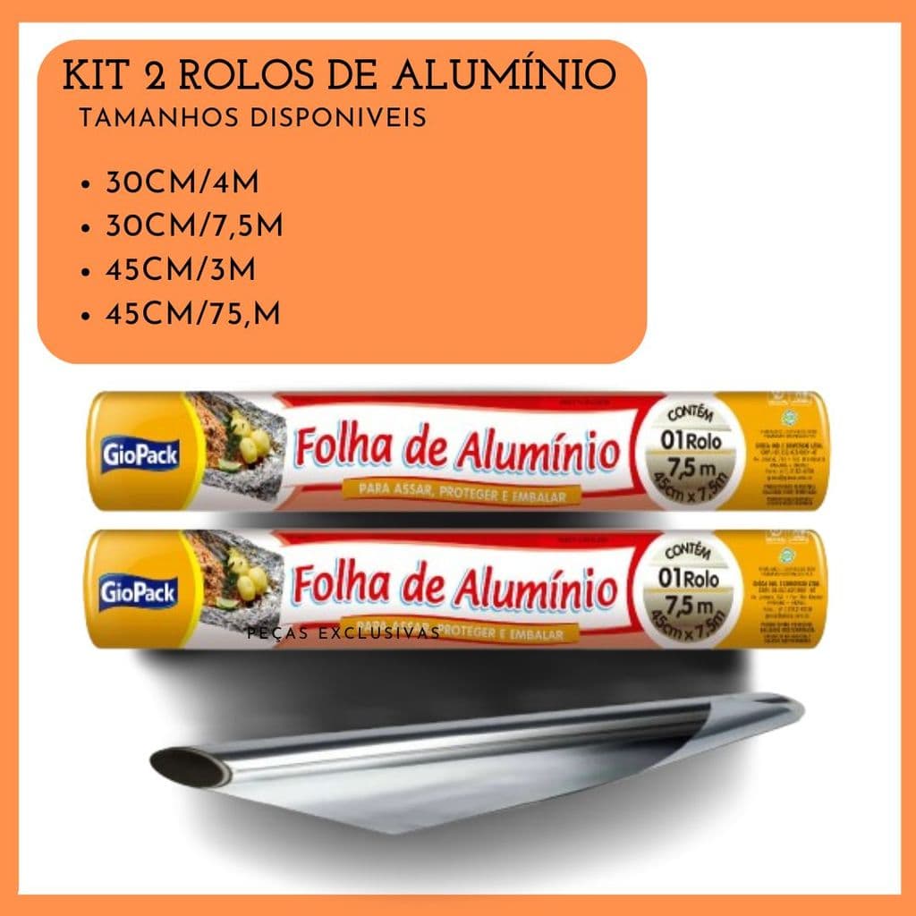 Kit 2 Rolos Papel Alumínio Resistente p/ Cozinha e Churrasco, 30cm e 45cm, Uso Doméstico e Profissional