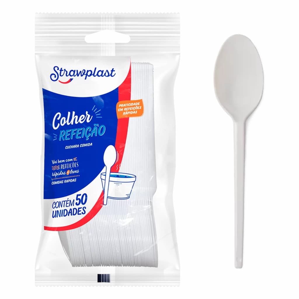 Kit Colher de Plástico para Refeição Strawplast Branca – 50 a 200 Unidades
