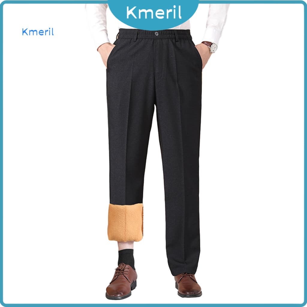 Calça Masculina Forrada De Lã Formal Vestido Engrossado Calças Quentes Perna Reta Para Trabalho Golfe Festa De Negócios – Comforta