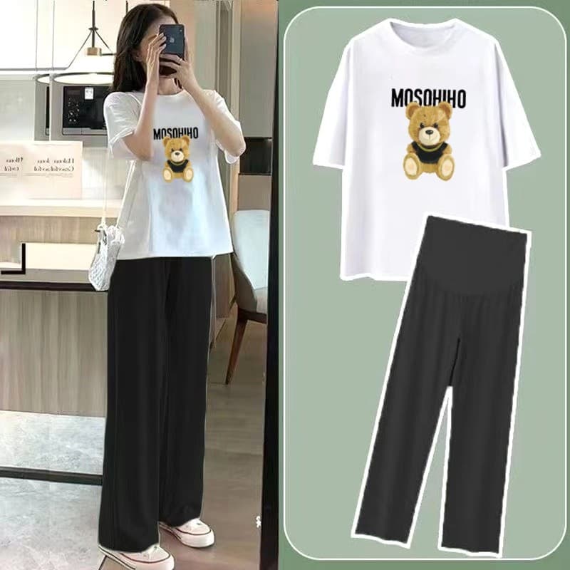 Maternidade verão terno de manga curta camiseta solta esportes Outing moda dos desenhos animados topo + seda gelo calças