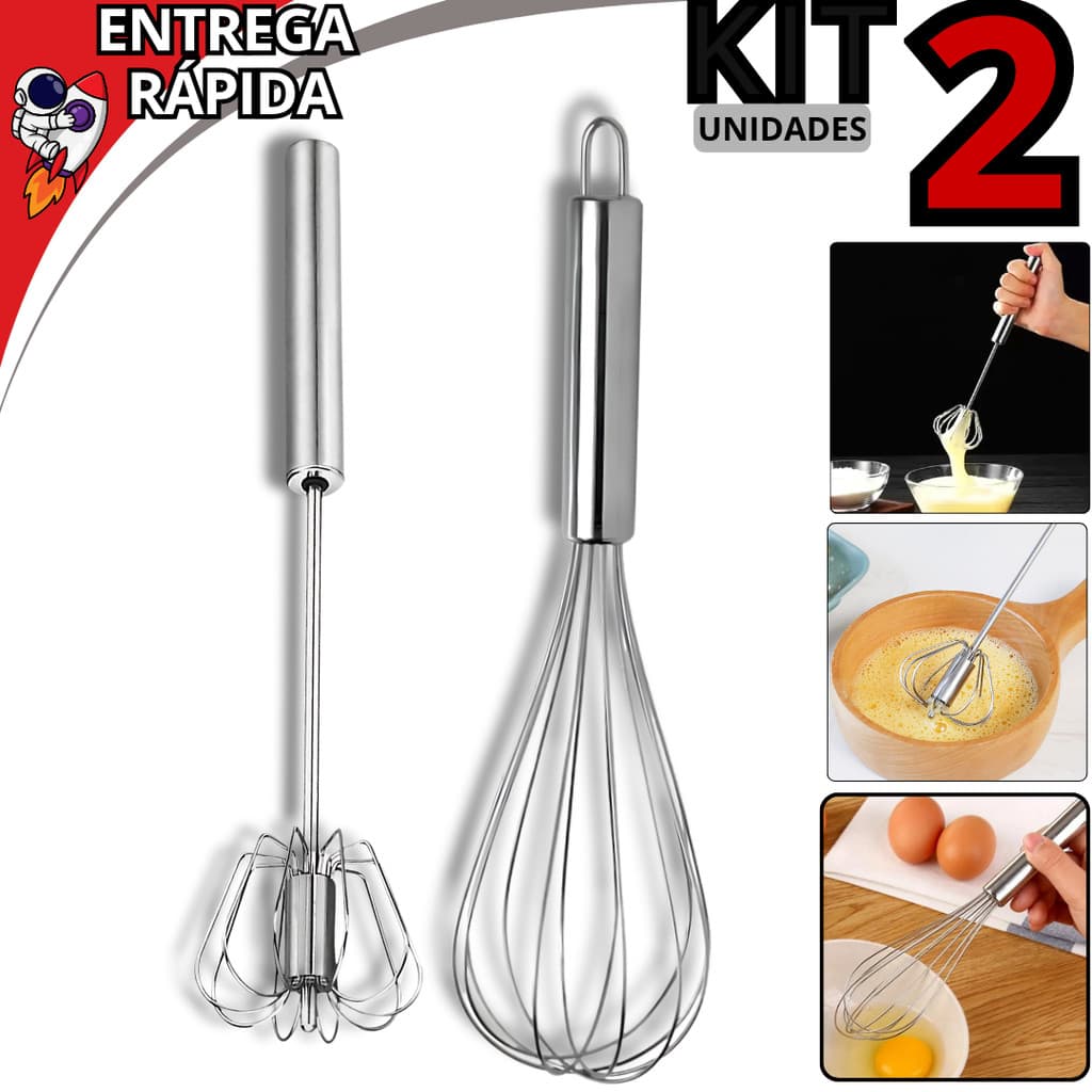 Kit 2 Utensílios de Cozinha Fouet Inox Batedor de Ovos + Mixer Semi Automático Misturador Premium