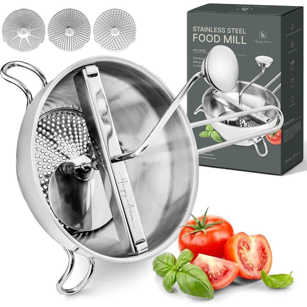 Moedor de Alimentos Ergonômico em Aço Inoxidável com 3 Discos de Moagem - Moedor Rotativo para Molho de Tomate, Purê de 