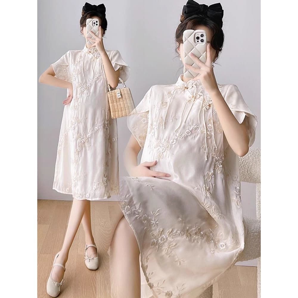 Estilo vestido de maternidade manga curta bordado pequena moda quente mãe 2024 vestido Cheongsam