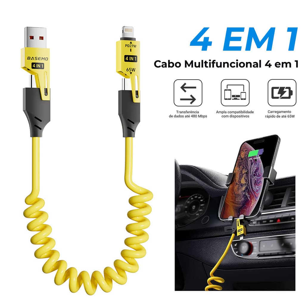 Cabo Carregamento Rápido 4 em 1 Retrátil Tipo C USB Lightning Retrátil iPhone Android 65W 1.5M