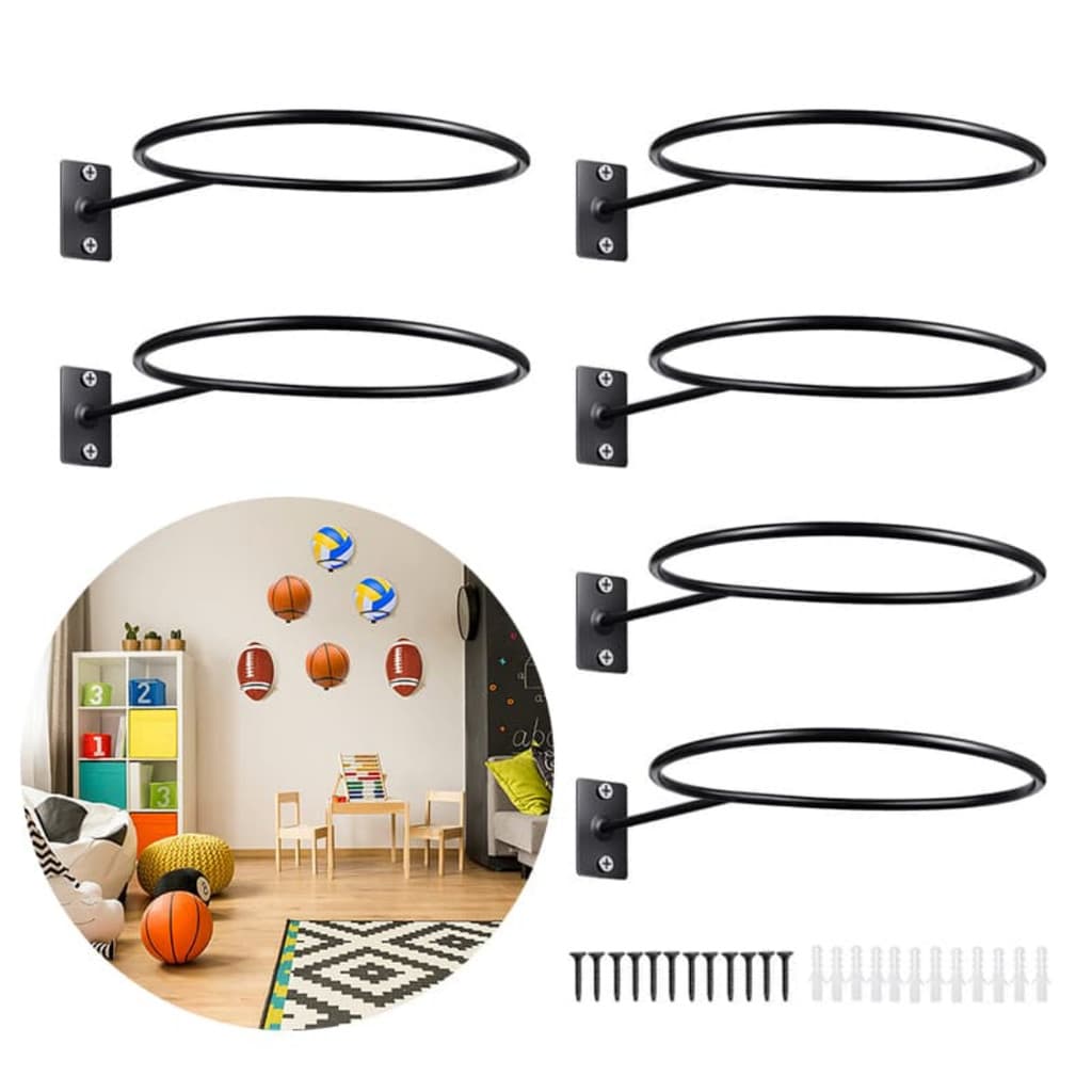 Suporte de parede preto com 6 compartimentos, ideal para exibir bolas de futebol, bolas de basquete, perucas e chapéus.