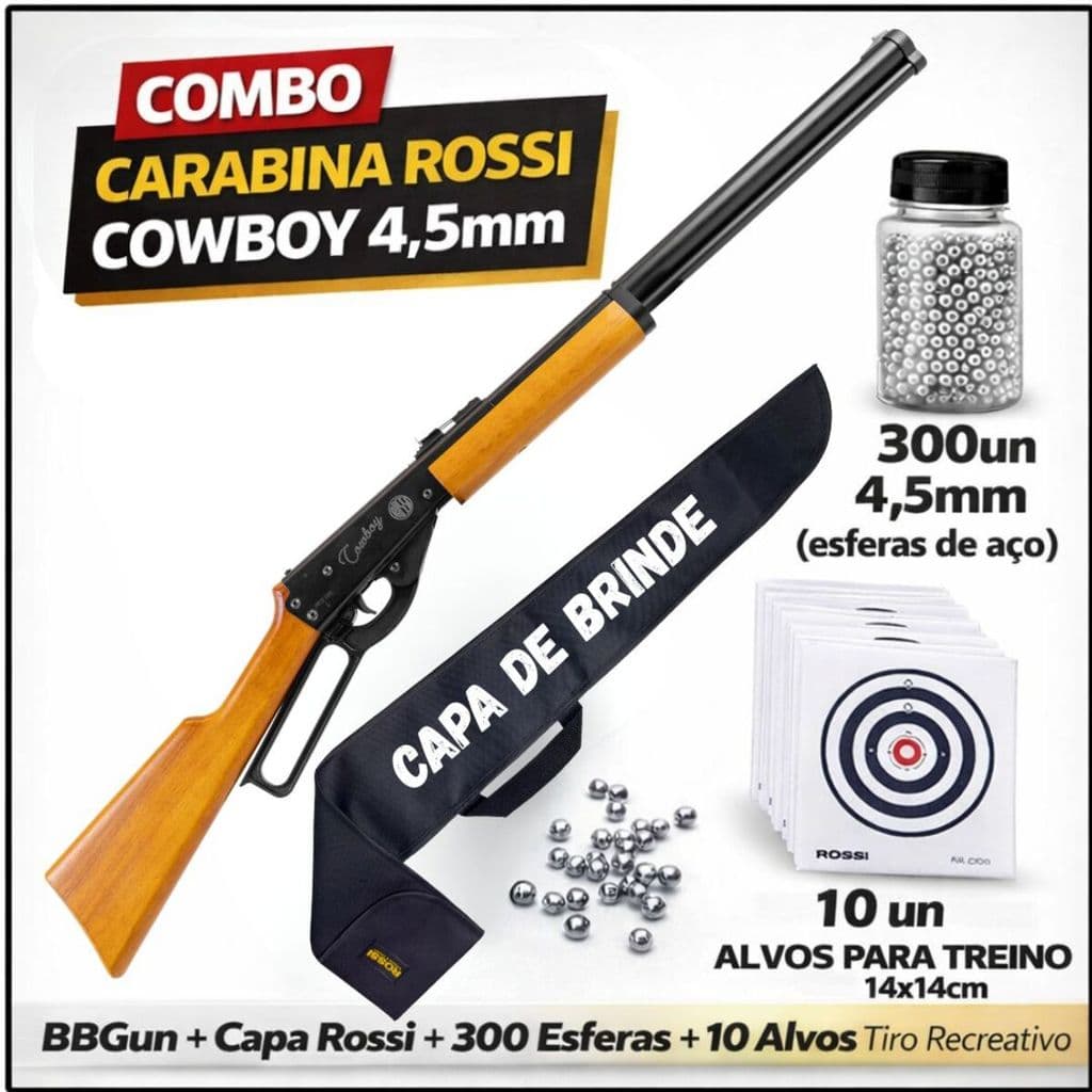 Carabina Rossi Cowboy 4.5mm BBGun + Capa Rossi + 300 Esferas + 10 Alvos Tiro Recreativo