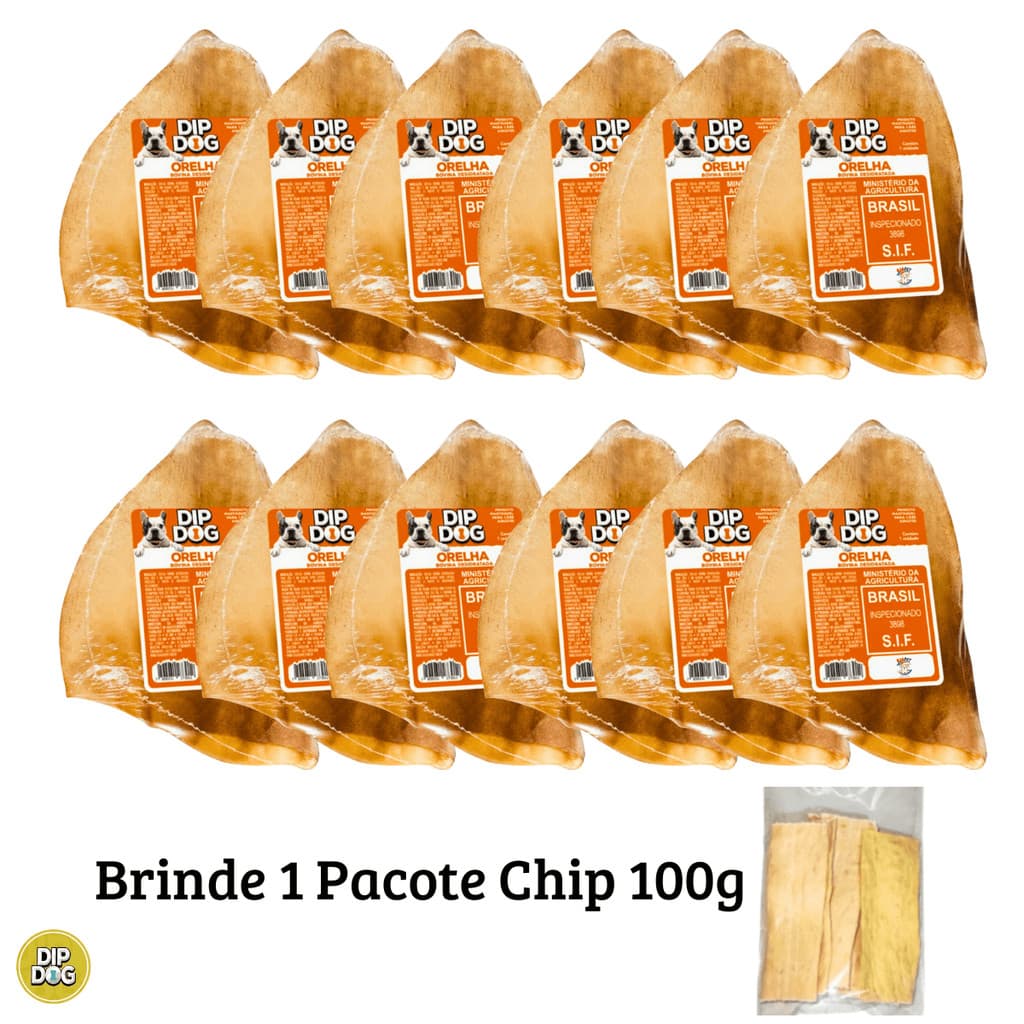 Kit Pacote com 12 Orelhas Bovina Mordedor Desidratado DIP DOG + brinde 1 Pacote Chips Dip Dog
