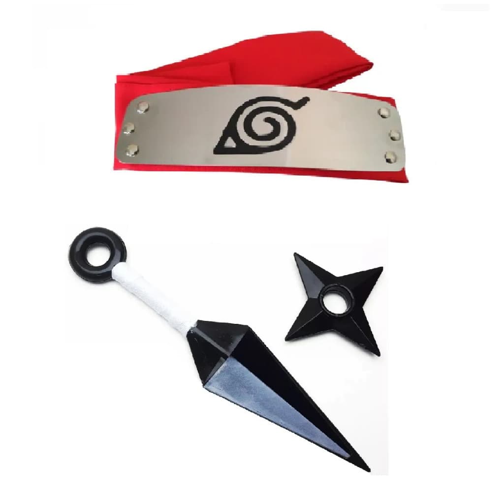 Kit Naruto - Kunai Naruto + Shuriken + Bandana Folha Vermelha