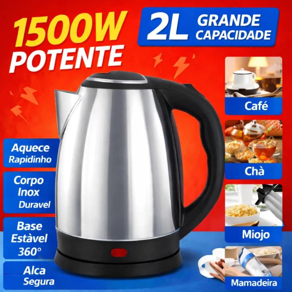 Chaleira Elétrica Inox Grande 2Litros 110V/220V 1500W Chaleira Bule De Vidro Com Infusor 950ml