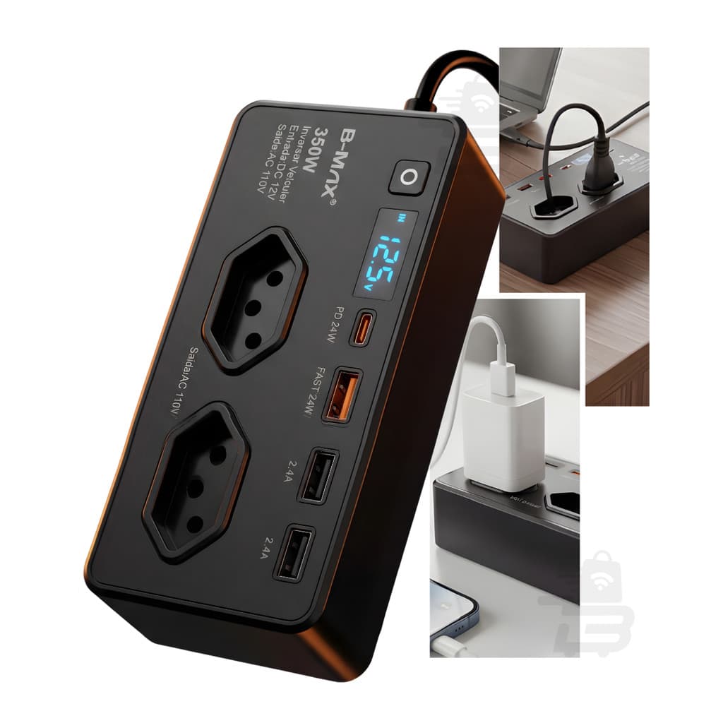 Inversor Automotivo 350W Bivolt 12V para 110V com 4 Portas USB para Notebook Carro Tablet