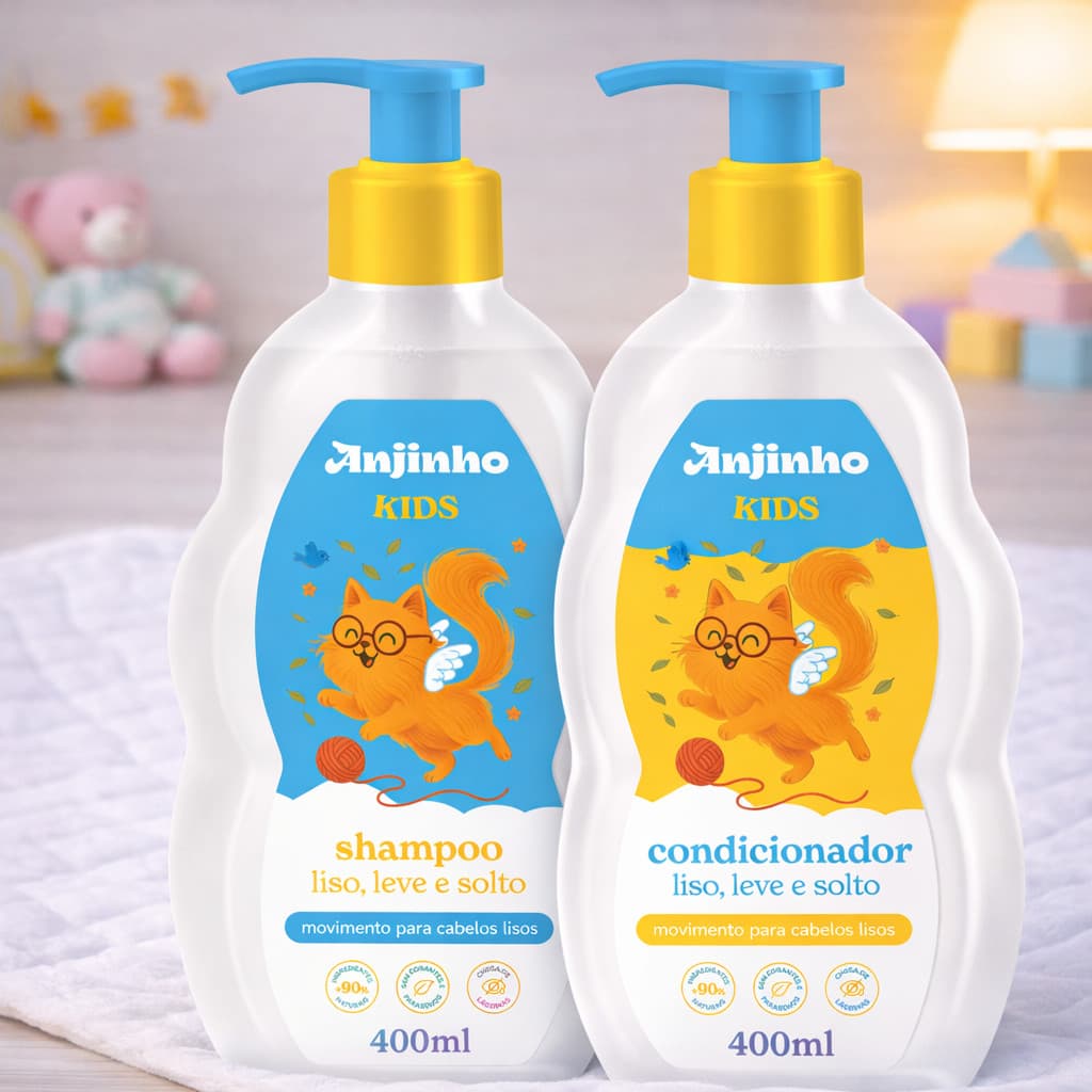 Kit Shampoo + Condicionador Infantil Anjinho Kids Liso 400ml – Sem Lágrimas, Hipoalergênico e Vegano